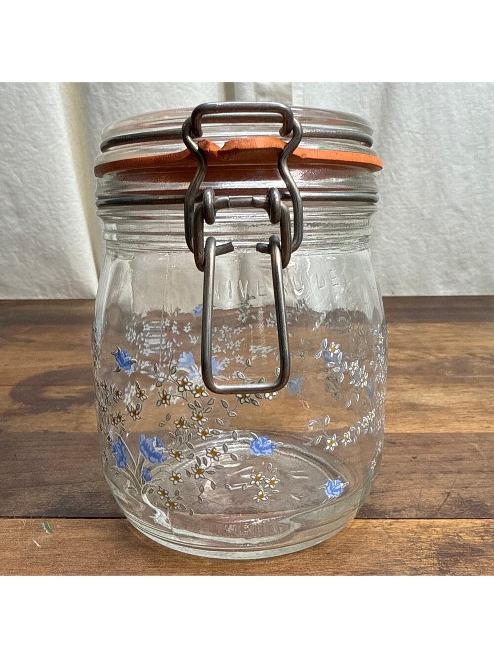 Arc France Niveau De Remplissage Vintage Glass Blue Floral Canister Jar 3/4 L
